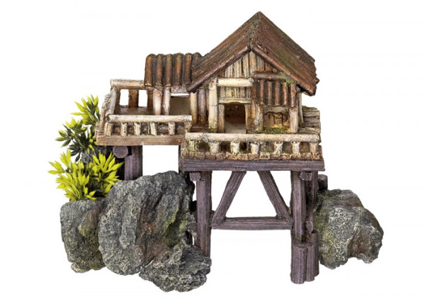 Aqua Ornaments "WOODEN HOUSE" - w/ plants