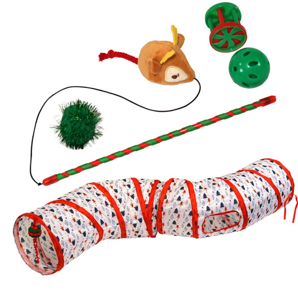 XMAS cat tunnel with toy set, with catnip